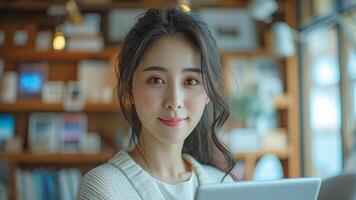 AI generated Asian Woman Multitasking with Modern Devices in Minimalist Office photo