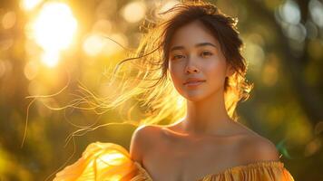 AI generated Enchanting Asian Woman in Silk and Chiffon Twirling in Sunlit Forest photo