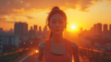 AI generated Urban Sunrise Jogging Beautiful Asian Woman in Cityscape photo