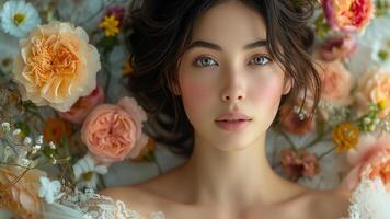 AI generated Bridal Beauty Asian Woman in Timeless Garden Wedding Couture photo