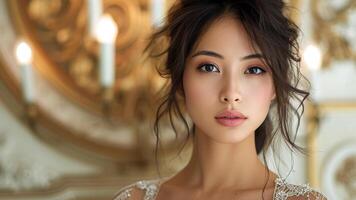 AI generated Asian Woman in Elegant Evening Gown at Luxurious Mansion photo