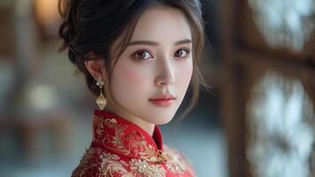 AI generated Elegant Fusion Asian Woman in Opulent Traditional Attire photo