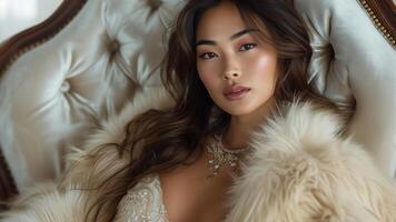 ai generado glamour lujoso asiático mujer reclinable en piel y joyas foto