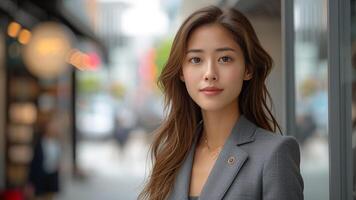 AI generated Asian Businesswoman Power Walking in Urban Chic Suit photo