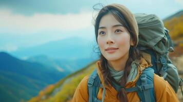 ai generado asiático mujer trekking mediante majestuoso montañas aventuras foto