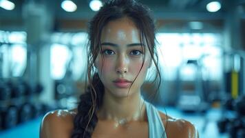 AI generated Empowering Asian Woman Strength Training with Free Weights photo