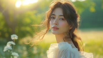 AI generated Enchanting Asian Woman in Silk and Chiffon Twirling in Sunlit Forest photo
