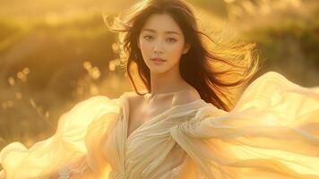 ai generado encantador asiático mujer en seda y gasa girando en iluminado por el sol bosque foto