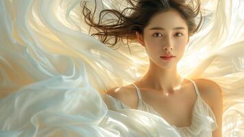 AI generated Enchanting Asian Woman in Silk and Chiffon Twirling in Sunlit Forest photo