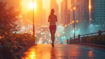 AI generated Urban Sunrise Jogging Beautiful Asian Woman in Cityscape photo