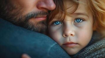 ai generado emocional de cerca de un padre consolador un niño, un momento en diario vida, reflejando el nutriendo aspecto de familia y hogar vida foto