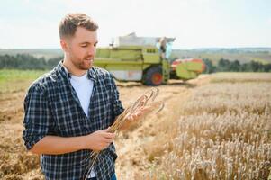 Farmer Standing In Wheat Field At Harvest photo