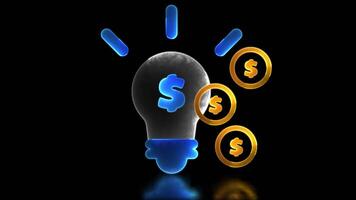 Neon glow effect repeating bright light bulb icon finance and investment black background video