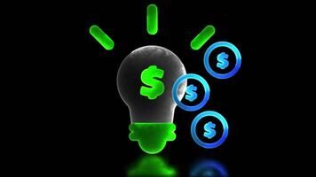 Neon glow effect repeating bright light bulb icon finance and investment black background video