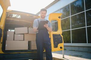 delivery service employee. Portrait of man working in delivery service photo