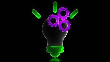 Swirling neon light effect bright light bulb icon Shows the thought process and work on a black background. video