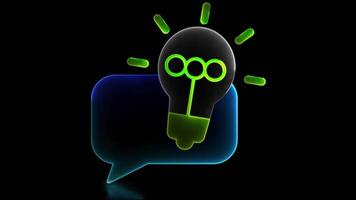 Neon glow effect loop bright light bulb icon, concept and chat black background. video