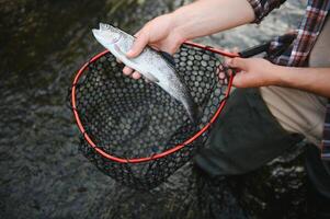 masculino pasatiempo. Listo para pesca. relajarse en natural ambiente. trucha carnada. barbado elegante hombre. hombre relajante naturaleza antecedentes. estrategia. pasatiempo deporte actividad. actividad y pasatiempo. atrapando y pescar foto