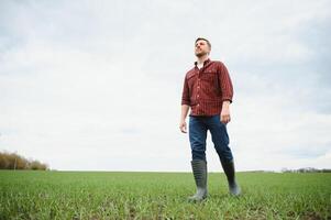 Farmer walking between agricultural fields photo