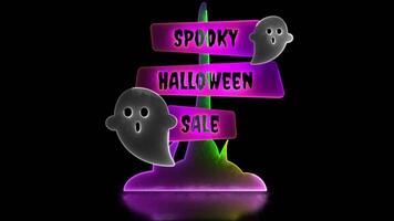 Moon loop neon glow effect Halloween sign and ghost, black background video