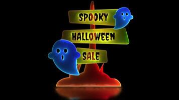 Moon loop neon glow effect Halloween sign and ghost, black background video