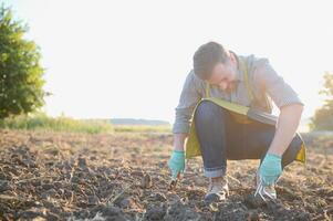 agriculture. farmer with a shovel in the field. business soil sun natural roducts harvest photo