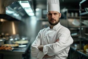 ai generado retrato de un sonriente masculino cocinero en pie con brazos cruzado en el cocina foto