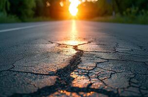 AI generated Asphalt road with cracks and sunset in the background. Shallow depth of field photo