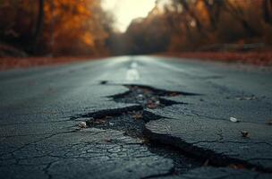 AI generated Asphalt road with cracks and sunset in the background. Shallow depth of field photo