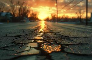 ai generado asfalto la carretera con grietas y puesta de sol en el antecedentes. superficial profundidad de campo foto