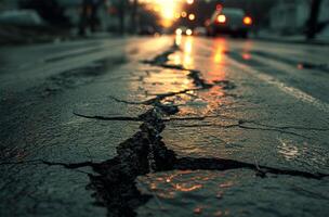 AI generated Asphalt road with cracks and sunset in the background. Shallow depth of field photo