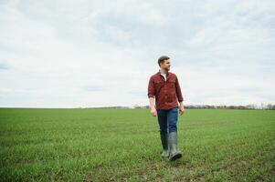 Farmer walking between agricultural fields photo