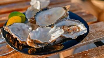 Close view of fresh-opened oysters with slice of lemon and vinegar sauce serving as a street food on the wooden street table. Restaurant delicacy. Saltwater oysters dish. Oyster set photo