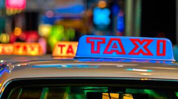 Taxi coche en el calle a noche foto