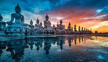 Many Statue buddha image at sunset in southen of Thailand photo