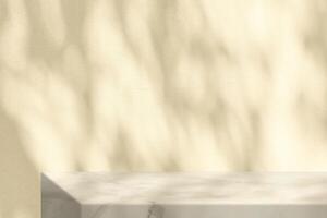 Marble Table with Beige Stucco Wall Texture Background with Light Beam, Bokeh and Shadow photo