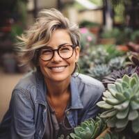 A woman in her 45s with glasses and short blond hair looking at the camera smiling photo