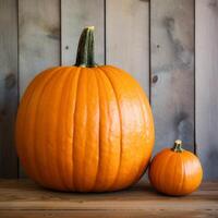 A big pumpkin and a small pumpkin side by side photo