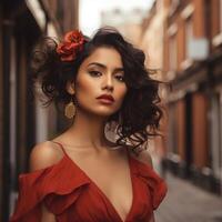 AI generated Luminous Locks - Woman with Flowing Hair and Engaging Smile photo