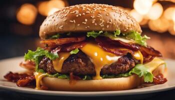 ai generado un grande jugoso hamburguesa con carne de res, tocino, ensalada y queso en un plato foto