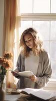 A blond woman looking at a list of her goals photo