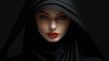 Portrait of a young beautiful woman with red lips in a black hood photo