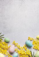 Pastel Easter Eggs and Yellow Mimosa Flowers on a Light Grey Background photo