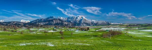 beautiful rural landscape in Bavaria with mountain range and meadow at springtime photo