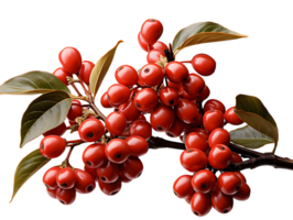 AI generated Red Coffee Beans on a Branch with Leaves Isolated on Transparent Background. Coffee Berries. Generative Ai png