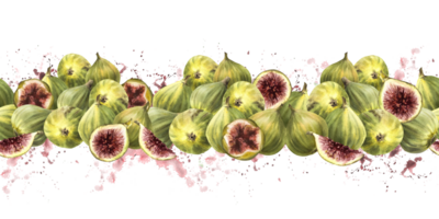 une pile de mûr juteux vert violet figues, choisi entier fruit sur aquarelle éclaboussures Contexte sans couture frontière, modèle nourriture clipart pour en tissu étiqueter, emballage textile. main tiré illustration isolé png