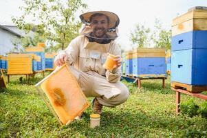 Beekeeper is working with bees and beehives on the apiary. Beekeeping concept photo