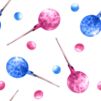waterverf naadloos patroon met roze en blauw knal taarten, erwten. hand- getrokken illustratie partij snoepjes lolli knal voor achtergronden, inpakken, verjaardag decoratie, scrapbooken, bakkerij png