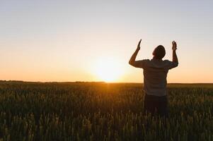 granjero en trigo campo planificación cosecha actividad, hembra agrónomo mirando a puesta de sol en el horizonte. foto