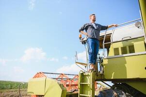 Farmer controls the combine harvester. photo